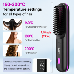 Cordless Hair Straightener Brush: Portable USB-C rechargeable hot comb. Rapid heating, anti-scald design & ionic technology for frizz-free travel hair.