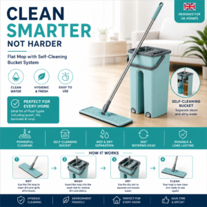 5L Flat Mop and Bucket Set with 2 Microfibre Pads – Wet & Dry Floor Mop with Wringer & Squeeze System for Hardwood, Laminate, Tile & Wood Flooring