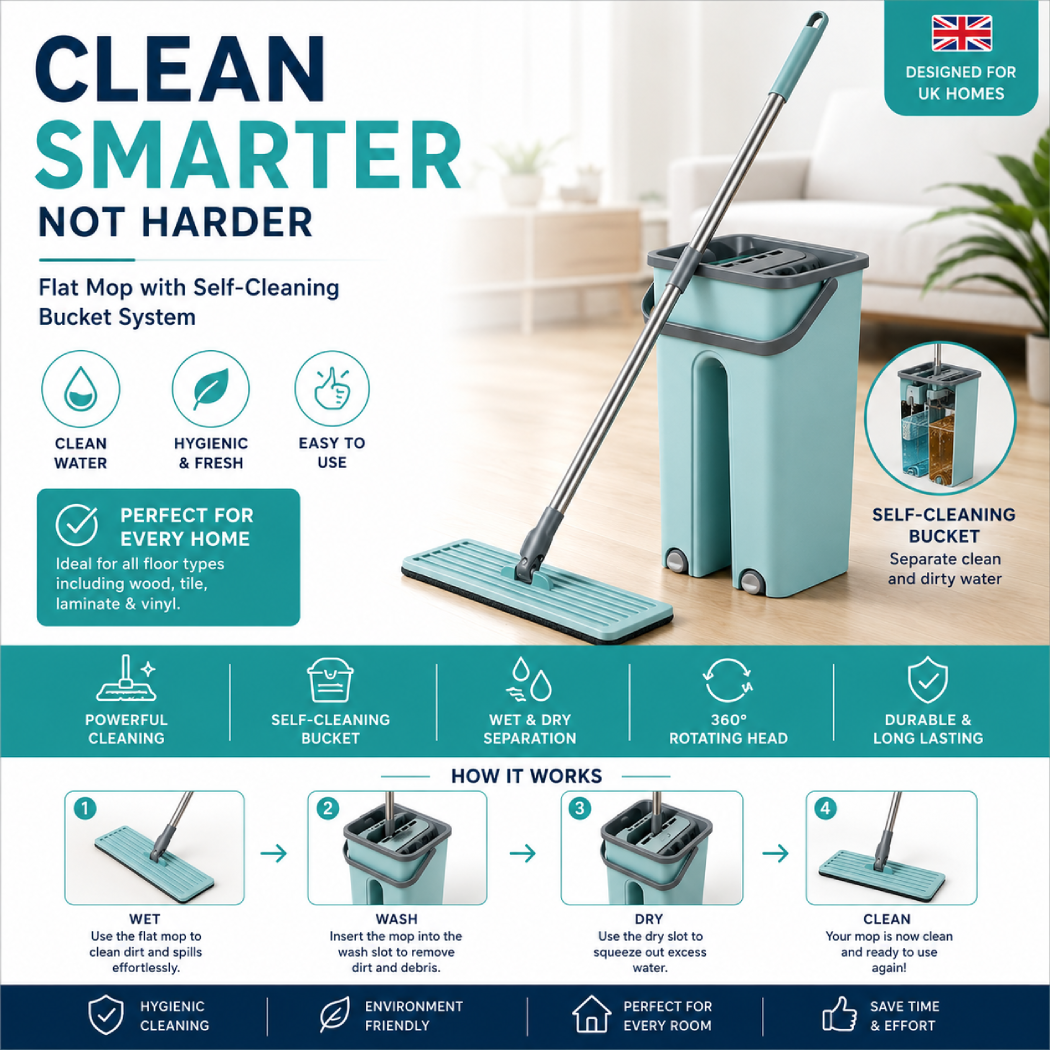 5L Flat Mop and Bucket Set with 2 Microfibre Pads – Wet & Dry Floor Mop with Wringer & Squeeze System for Hardwood, Laminate, Tile & Wood Flooring - Image 2