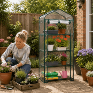 4 Tier Mini Greenhouse with Metal Frame (130cm) – Portable Walk-In Plant Grow House & Cold Frame for Garden, Patio & Balcony – Waterproof PVC Cover