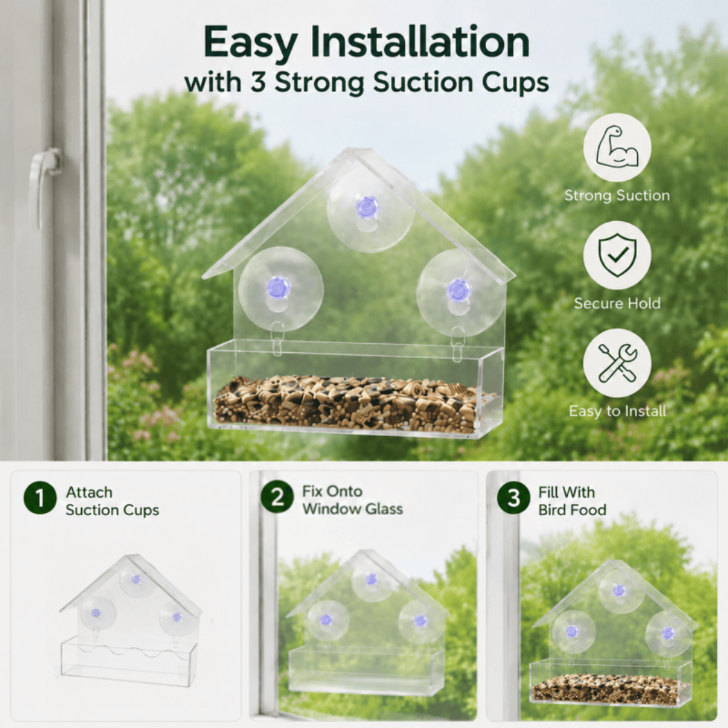 Clear Window Bird Feeder with Strong Suction Cups – Weatherproof Acrylic Bird House for Outside Garden – Up-Close Bird Watching for Robins, Blue Tits & Finches - Image 2