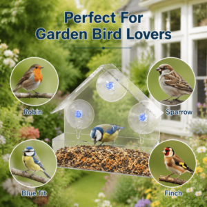 Clear Window Bird Feeder with Strong Suction Cups – Weatherproof Acrylic Bird House for Outside Garden – Up-Close Bird Watching for Robins, Blue Tits & Finches