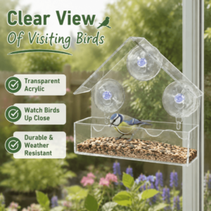 Clear Window Bird Feeder with Strong Suction Cups – Weatherproof Acrylic Bird House for Outside Garden – Up-Close Bird Watching for Robins, Blue Tits & Finches