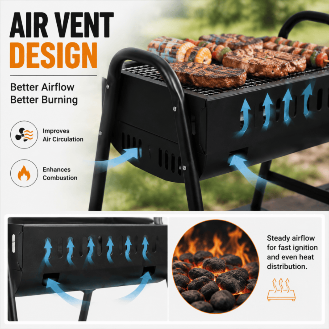 Portable Charcoal BBQ Grill – Folding Outdoor Barbecue with Metal Frame – Compact Garden Cooker for Camping, Picnics & Hiking, Black - Image 3