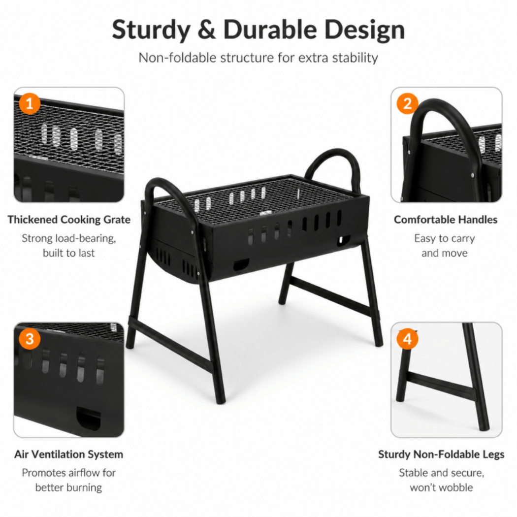 Portable Charcoal BBQ Grill – Folding Outdoor Barbecue with Metal Frame – Compact Garden Cooker for Camping, Picnics & Hiking, Black - Image 6