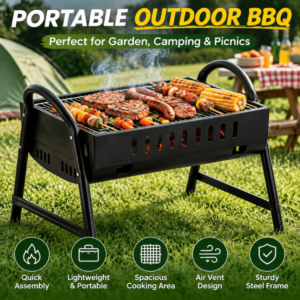Portable Charcoal BBQ Grill – Folding Outdoor Barbecue with Metal Frame – Compact Garden Cooker for Camping, Picnics & Hiking, Black