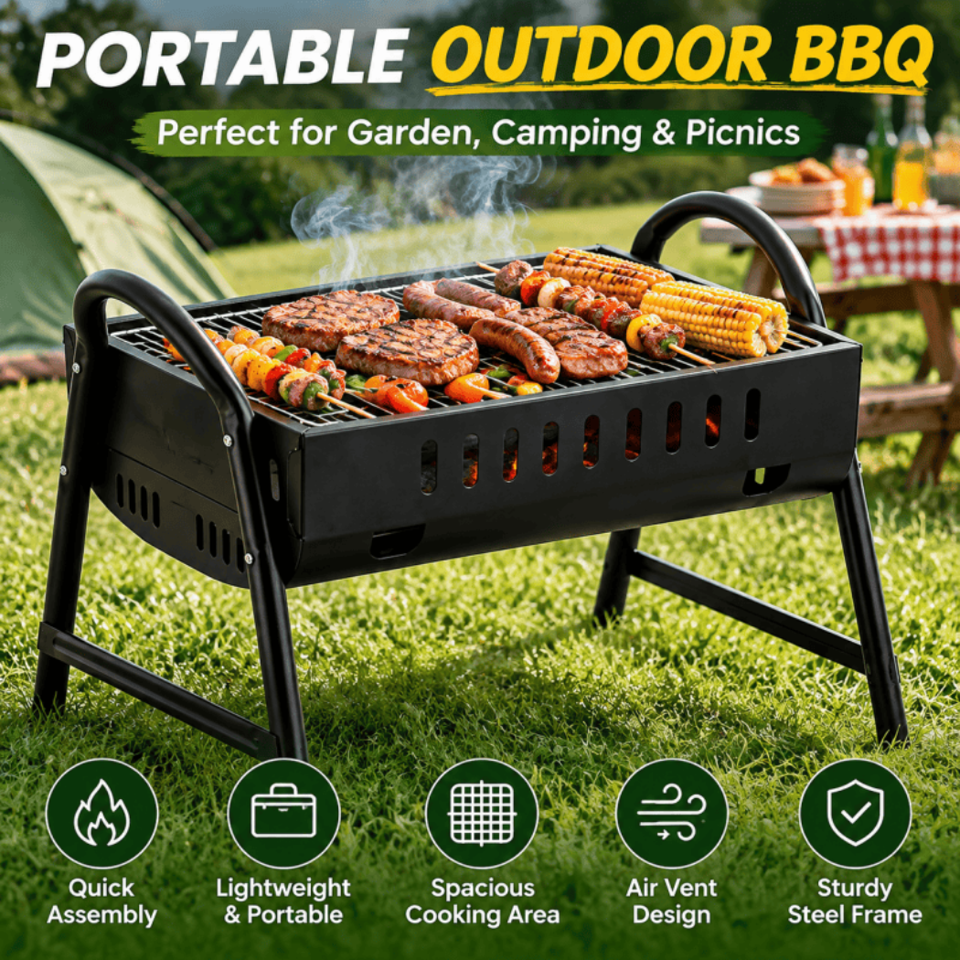 Portable Charcoal BBQ Grill – Folding Outdoor Barbecue with Metal Frame – Compact Garden Cooker for Camping, Picnics & Hiking, Black - Image 2