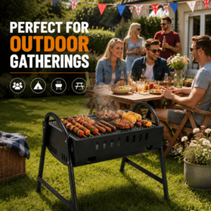 Portable Charcoal BBQ Grill – Folding Outdoor Barbecue with Metal Frame – Compact Garden Cooker for Camping, Picnics & Hiking, Black