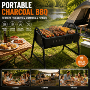 Portable Charcoal BBQ Grill – Folding Outdoor Barbecue with Metal Frame – Compact Garden Cooker for Camping, Picnics & Hiking, Black