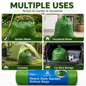 10 Rolls 10PCS Garden Refuse Bags Heavy Duty 46L Green Strong Waste Sacks Bin Liners Garden Rubbish Bags