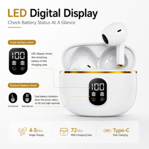 Wireless Earbuds with LED Power Display – Bluetooth Headphones with ENC Noise Cancelling & Deep Bass, Sports Earphones for Gym & Running