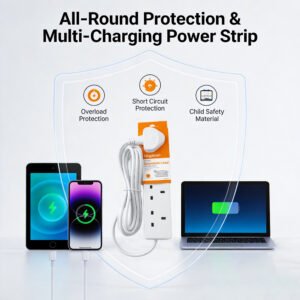 4 Way Extension Lead 2m, 4 Gang Multi Plug Extension Socket Power Strip, UK Mains 3 Pin Plug Outlets for Home, Office & Appliances (White)
