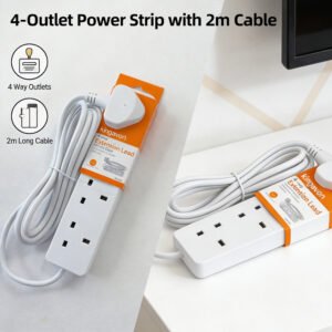 4 Way Extension Lead 2m, 4 Gang Multi Plug Extension Socket Power Strip, UK Mains 3 Pin Plug Outlets for Home, Office & Appliances (White)