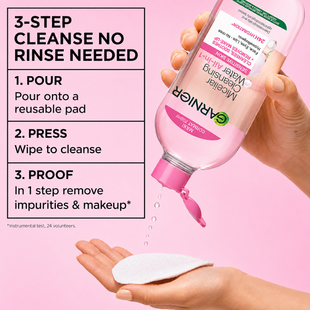Garnier Micellar Cleansing Water Sensitive Skin 700ml – All-in-1 Face Cleanser & Makeup Remover - Image 3
