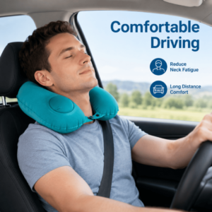 Inflatable Neck Pillow for Travel – 360° Ergonomic Head & Neck Support – Portable U-Shaped Blow Up Travel Pillow with Flocking Fabric for Driving & Flights