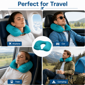 Inflatable Neck Pillow for Travel – 360° Ergonomic Head & Neck Support – Portable U-Shaped Blow Up Travel Pillow with Flocking Fabric for Driving & Flights