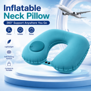 Inflatable Neck Pillow for Travel – 360° Ergonomic Head & Neck Support – Portable U-Shaped Blow Up Travel Pillow with Flocking Fabric for Driving & Flights