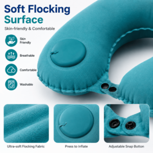 Inflatable Neck Pillow for Travel – 360° Ergonomic Head & Neck Support – Portable U-Shaped Blow Up Travel Pillow with Flocking Fabric for Driving & Flights