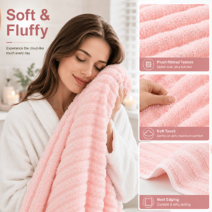 4 Pack Pink Coral Fleece Bath Towels 70 x 135cm – Soft, Absorbent Xmas Christmas Gift Set