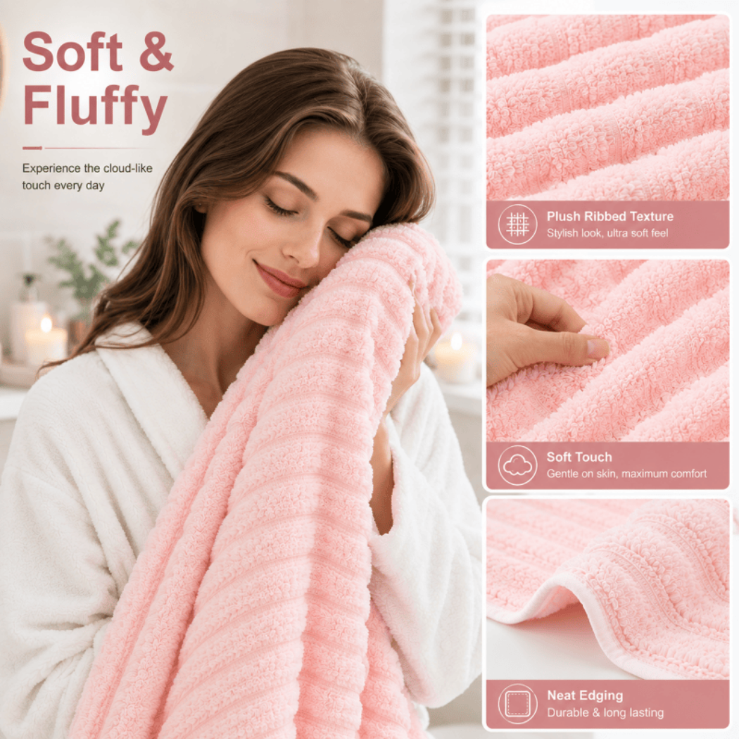 4 Pack Pink Coral Fleece Bath Towels 70 x 135cm – Soft, Absorbent Xmas Christmas Gift Set - Image 5